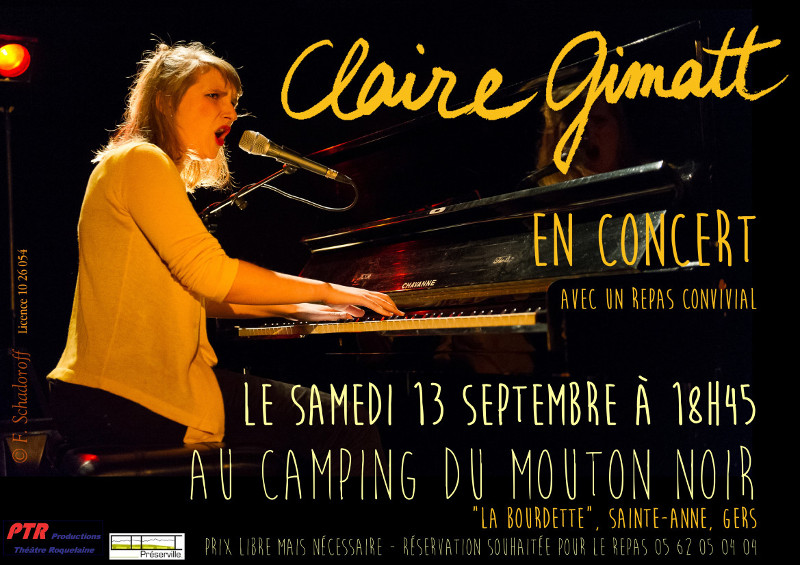 Le concert de Claire Gimatt au camping du mouton noir le 13 septembre à 21h, repas à 19h30 sur réservation 